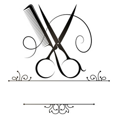 Design for hair stylist and beauty salon. Scissors cut a lock of hair. Scissors and comb symbol for hair salon - obrazy, fototapety, plakaty