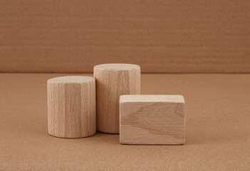 Wooden eco rustic platform podium on beige background. Minimal empty display product presentation scene.