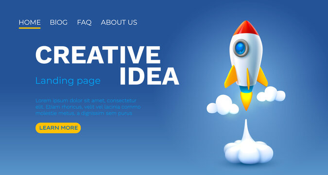 Creative idea landing page, rocket space banner. Vector