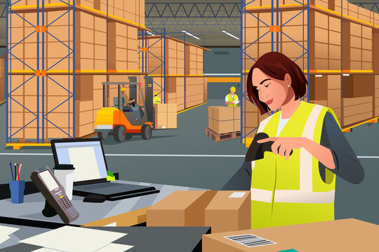 Warehouse Worker Scanning a Box Vector Illustration