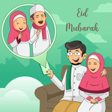 Muslim Celebrating Eid Al Adha Mubarak Vector Illustration