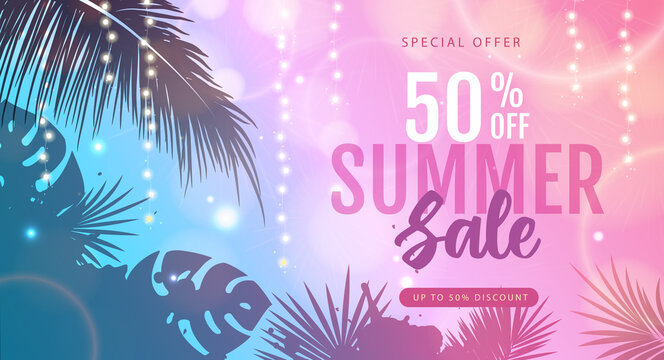 Summer big sale poster with tropic leaves and string of lights. Summer party background. Vector illustration