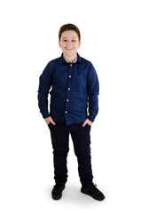 Naklejka premium Photo of adorable young happy boy looking at camera. Full length. Isolated on white background. Beautiful teenage boy standing. Studio shot