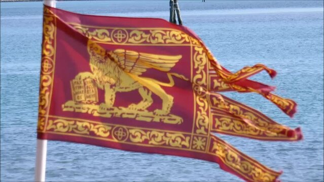 The ancient flag of Venice called Gonfalone with the winged lion