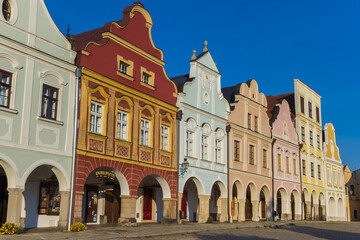 Fototapeta na wymiar Colorful facades of historic houses in Telc, Czech Republic