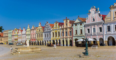 Panorama of colorful houses on the market square of Telc, Czech Republic