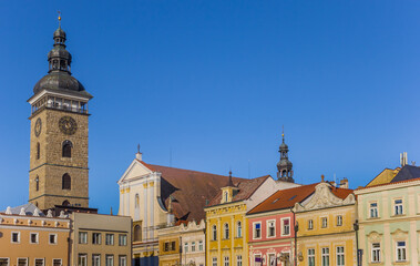 Fototapeta na wymiar Colorful houses and the historic black tower in Ceske Budejovice, Czech Republic