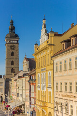 Fototapeta na wymiar Hotels and the historic black tower in the market square of Ceske Budejovice, Czech Republic