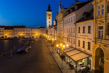 Fototapeta na wymiar Market square during blue hour evening light in Ceske Budejovice, Czech Republic