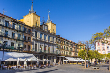 Restaurants in front of the old town hall building in Segovia, Spain