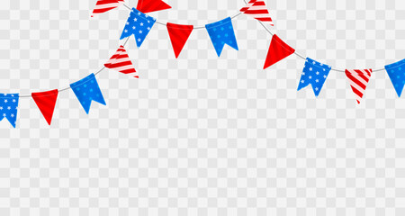 Fototapeta premium Header with garland with red and blue flags with stars and stripes isolated on transparent background. Elements for American, USA Holidays, decor, design, paty, banner, poster, greeting card.