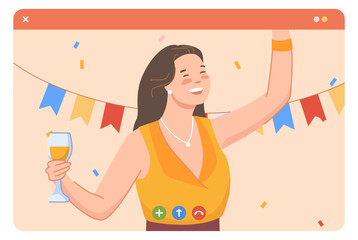 Video chat window with celebrating woman. Online party