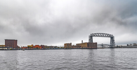 Distant view of Canal Park and the Aerial Lift Bridge in Duluth