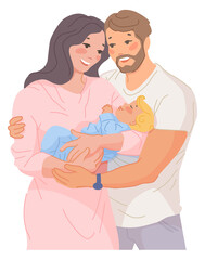 Obraz premium Happy couple with newborn. Man and woman holding baby