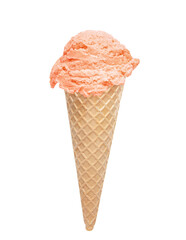 Peach ice cream scoop with cone isolated on white background