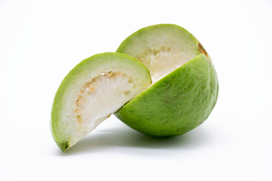 Fresh Guava fruit slices isolated on the white background front view.