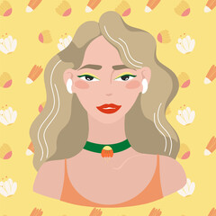 Beautiful girl with wavy hair and headphones on a floral background. Avatar for social network. fashion illustration isolated on background.