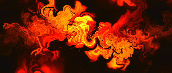 Marbled texture background, red black lava smoke and fire color, hot fiery stone or rock, dark grunge border. Red and orange fire flames of bonfire at dark night