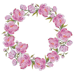 Colorful watercolor wreath with pink flowers.