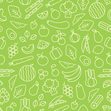 Seamless pattern of vegetables, fruits and berries in outline style, vector illustration