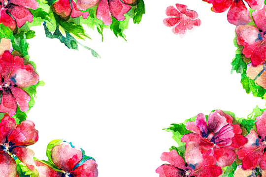 Rectangular horizontal postcard 3000x2000 pixels. Watercolor red flowers. Template without text