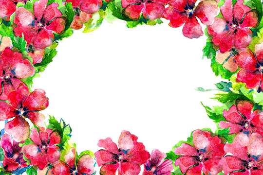 Rectangular horizontal postcard 3000x2000 pixels. Watercolor red flowers. Template without text