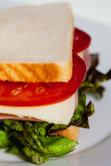 Extreme closeup from above details of a ham sandwich with lettuce and tomato on a white background.