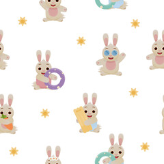 Vector seamless pattern with bunnies , rabbits. Summer seamless pattern with animals.