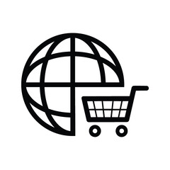 Global shopping, cart icon. Black vector illustration.