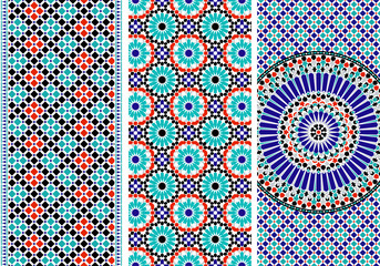 Arabic Mosaic Zellige Colorful Vector. Red, blue and green colors. Seamless