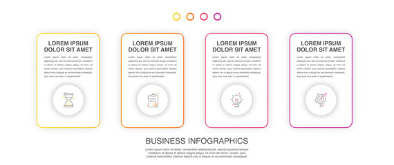 Vector line infographics with 4 circles and rectangles. Business concept graphic process template with four steps and squares. Modern and simple graphic timeline for a project on white background