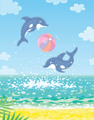 Merry little dolphins in splashes jumping out of water and playing with a big colorful ball near a sandy beach of a palm island in a tropical sea, vector cartoon illustration