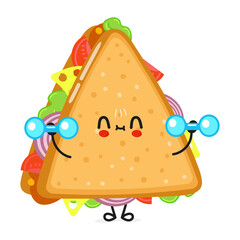 Cute funny sandwich character with dumbbells. Vector hand drawn cartoon kawaii character illustration icon. Isolated on white background. Sandwich character gym concept