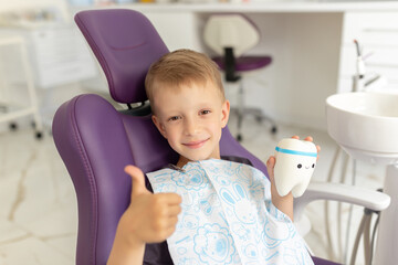 Dental clinic visit. Young positive boy patient showing thumbs up sign in dentist office