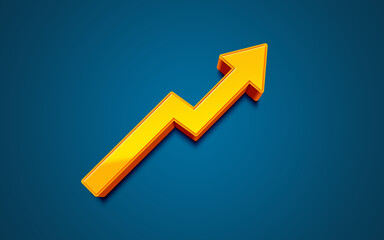 3d rendered upward arrow, the yellow arrow moves up over the blue background