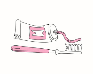 Toothpaste cartoon and toothbrush in doodle style. Dental care. Dentistry, hygiene and dental health products. Vector.