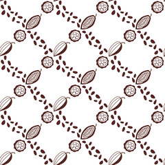 Seamless pattern with Cocoa beans, grains, pod on lwhite background. Hand drawn vector illustration, monochrome.