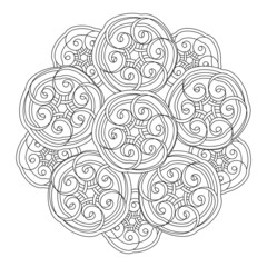 Abstract mandala design element, adult coloring page of curls and spirals. Hand drawn vector Decorative monochrome illustration