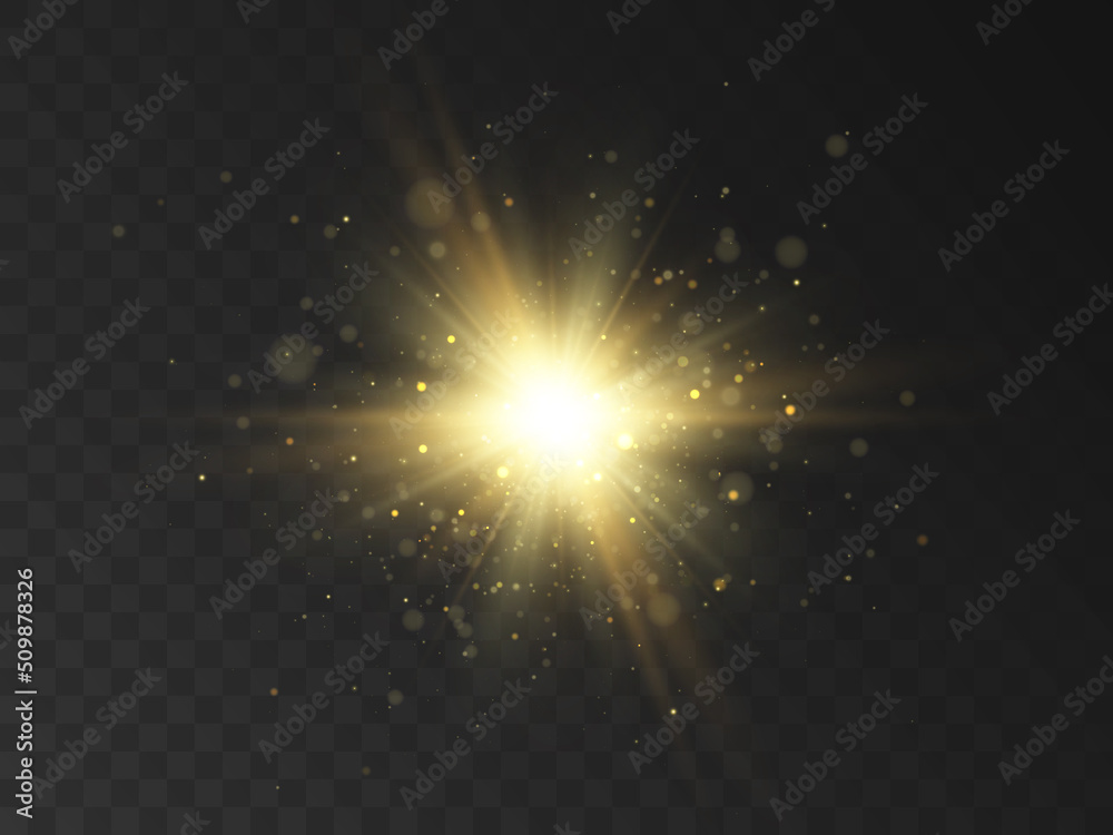 Poster yellow glowing light. vector illustration for decorating cool effect with ray sparkles. bright star.