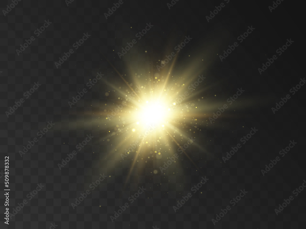 Aufkleber yellow glowing light. vector illustration for decorating cool effect with ray sparkles. bright star.