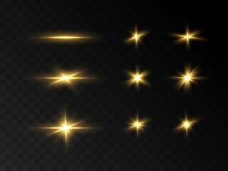 Yellow glowing light. Vector illustration for decorating cool effect with ray sparkles. Bright Star. Transparent shiny gradient glitter, bright flash. Glare texture.