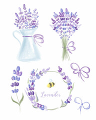 Set of lavender flowers. Purple bouquet, wreath and elements of design for greeting card on white background in retro flat style, provence concept. Design of wedding products, summer holidays.