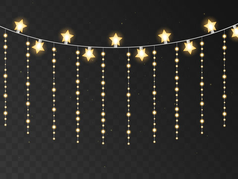 Christmas lights isolated on transparent background. Set of golden Christmas glowing garlands with sparks. For congratulations, advertising design invitations, web banners. Vector