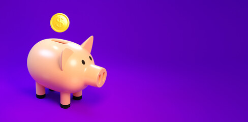 3d pig piggy bank with a falling gold coin. Moneybox. 3d illustration. 3d render.