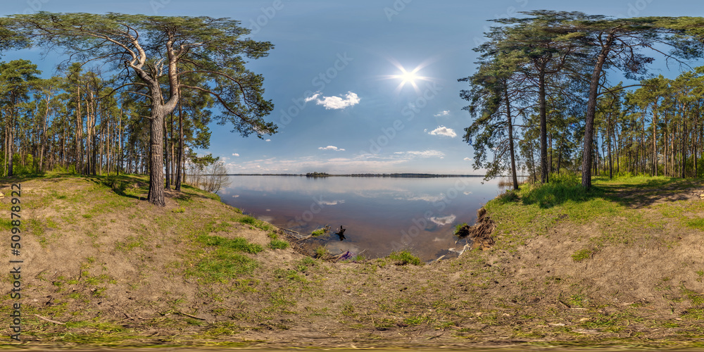 Wall mural full seamless hdri 360 panorama view on bank of wide river neman near forest in equirectangular sphe