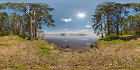 full seamless hdri 360 panorama view on bank of wide river neman near forest in equirectangular...