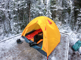 Camping for hike in the forest during winter on extreme cold at national park