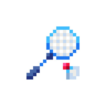 Badminton racquet and shuttlecock pixel art icon. Game assets. Icon for websites, web design, mobile app. 8-bit sprite. Isolated vector illustration. 