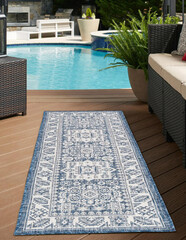 Modern geometric outdoor area botanical rug design.