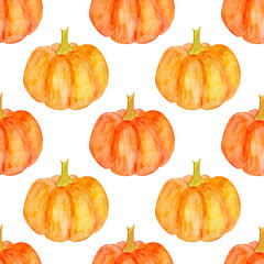 Autumn watercolor bright pumpkin pattern, thanksgiving or Halloween seamless pattern for various products, decor ect.